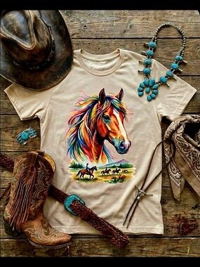 Colorful Mane Horse Tee • Western Cowgirl Graphic Shirt • Colorful Horse Art •
